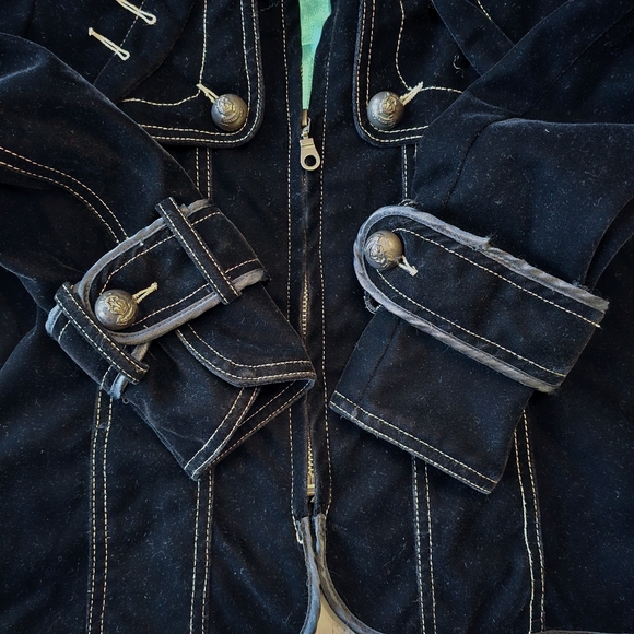 Aziz Black Velvet Military Style Jacket Zip Front Epaulets Bronze Buttons Small - Picture 10 of 14